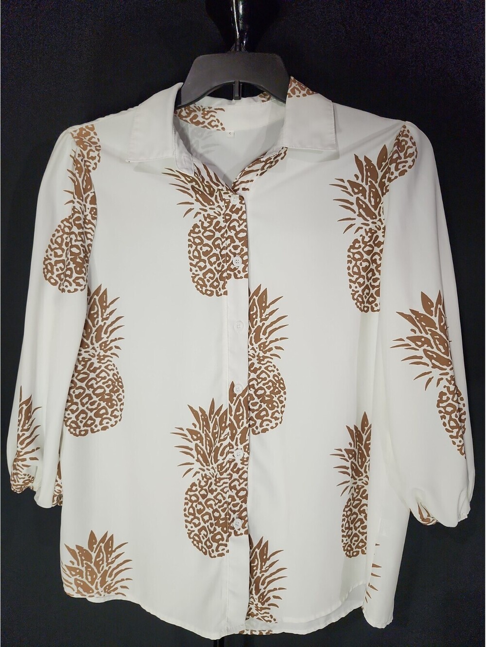 Gold Pineapple Patterned Blouse Womens S Vintage Tagless Polyester Summer 0146